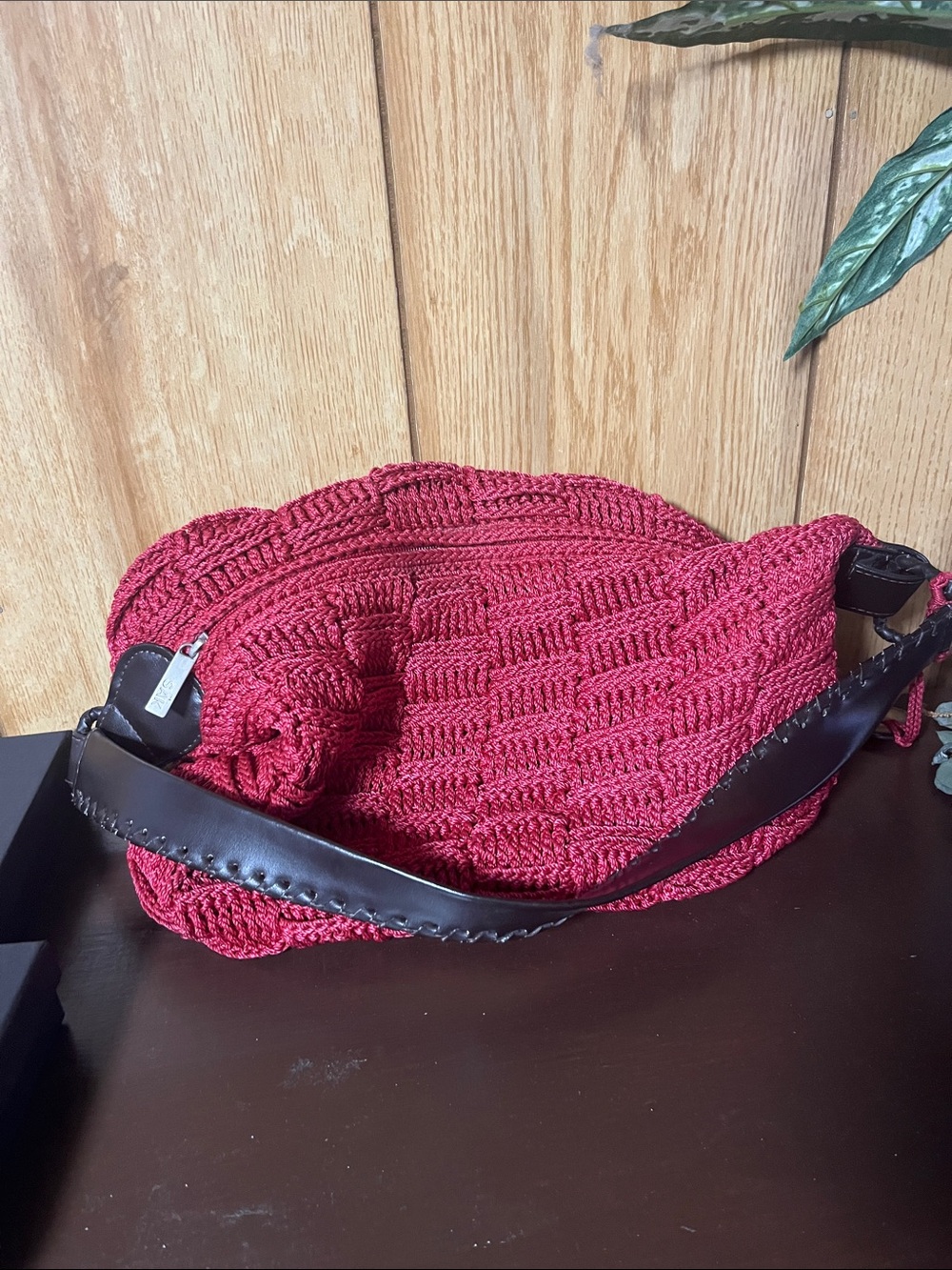 The Sak Red Handwoven Crochet Shoulder Bag with Dark Brown Strap